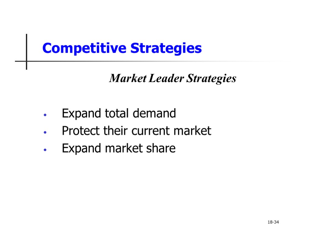 Competitive Strategies Market Leader Strategies Expand total demand Protect their current market Expand market